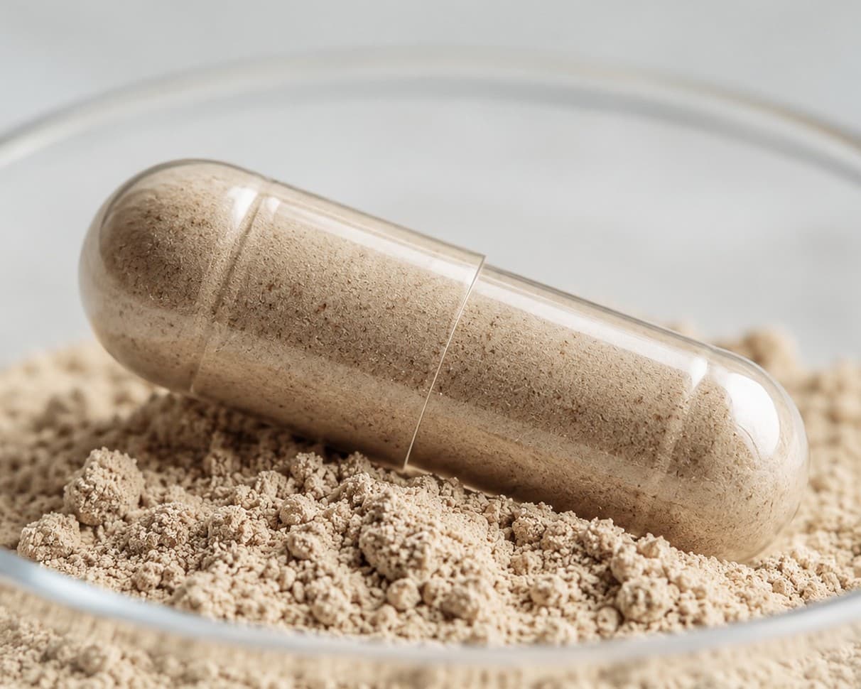 A clear capsule lying on loose tan powder in a glass dish. Illustrative, not the finished Brain Thesis capsule.