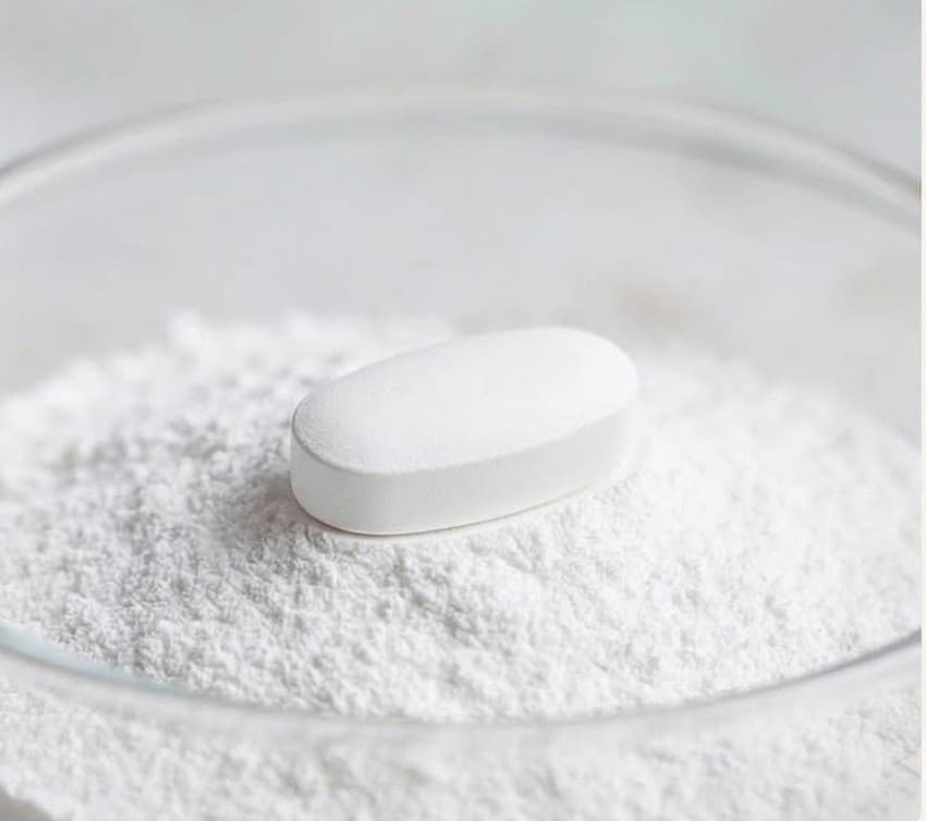A tablet resting on loose white powder in a glass dish. Illustrative, not the finished R-01 tablet.