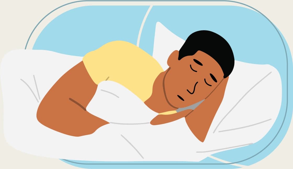 Illustration of a person asleep inside a capsule.