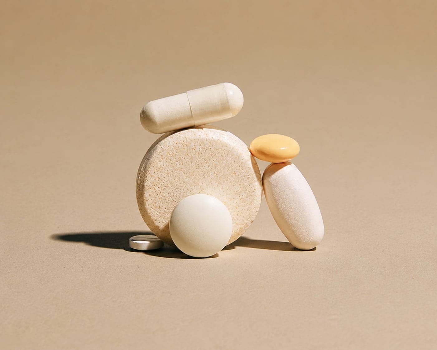 Tablets and capsules stacked on a beige surface.